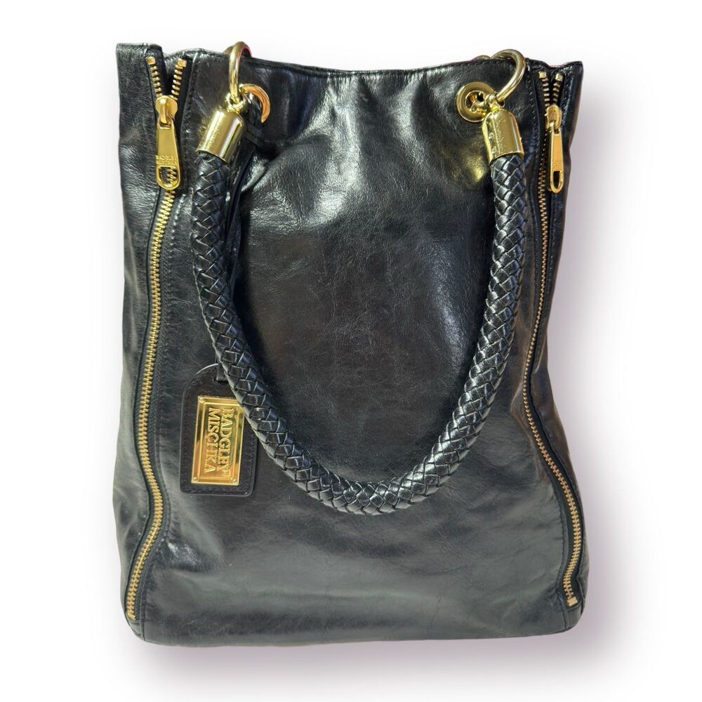 Badgley Mischka Leather Expandable Bucket Tote Myra Shine‎ Black bag